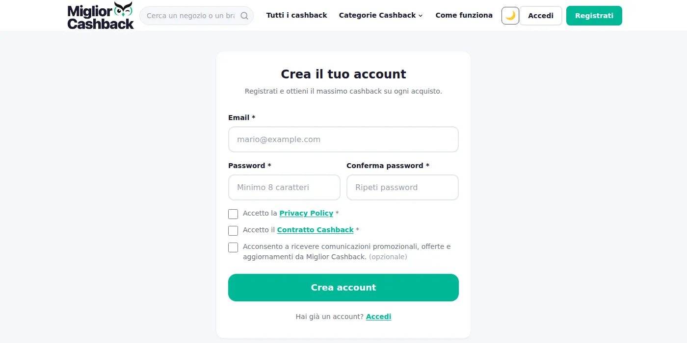 Schermata di login e registrazione di MigliorCashback