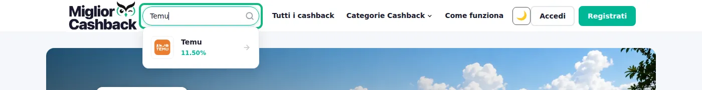 Barra di ricerca di MigliorCashback con il termine Temu