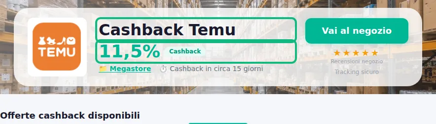 Pagina cashback di Temu su MigliorCashback