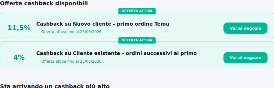 Sezione offerte cashback disponibili per Temu