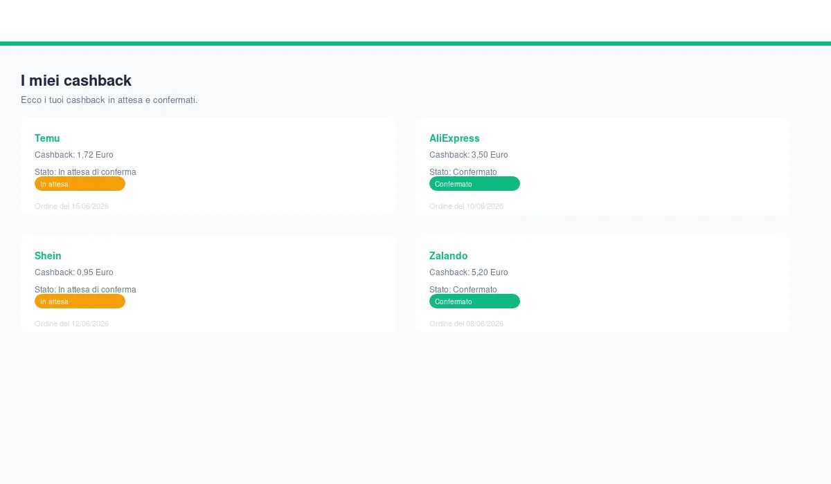 Area utente MigliorCashback con cashback in attesa